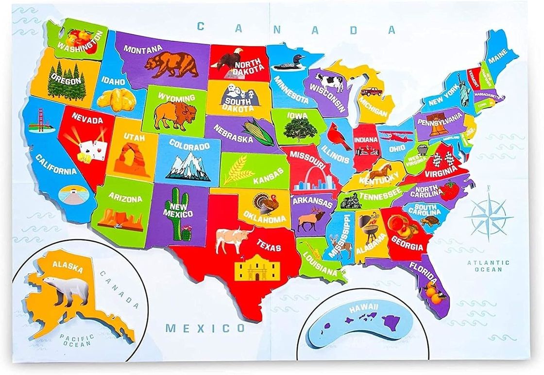 Multicolor Magnetic Puzzle Map Of The United States With 44 Magnetic Pieces