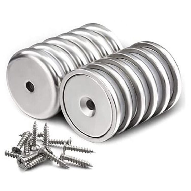Round Base Cup Neodymium Magnet Pot With Heavy Duty Countersunk Hole And Stainless Screws