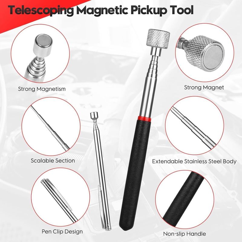 Telescoping Inspection Mirror Magnetic Pick Up Tool Kit With LED Light For Car Repair